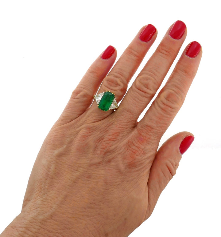 Vintage Emerald Diamond 18k Gold Three-Stone Ring