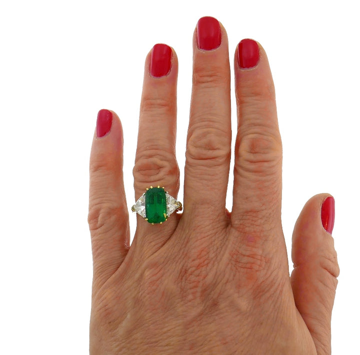 Vintage Emerald Diamond 18k Gold Three-Stone Ring
