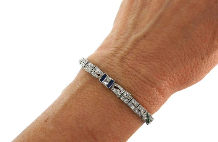 Art Deco Platinum Bracelet Diamond Sapphire Emerald
