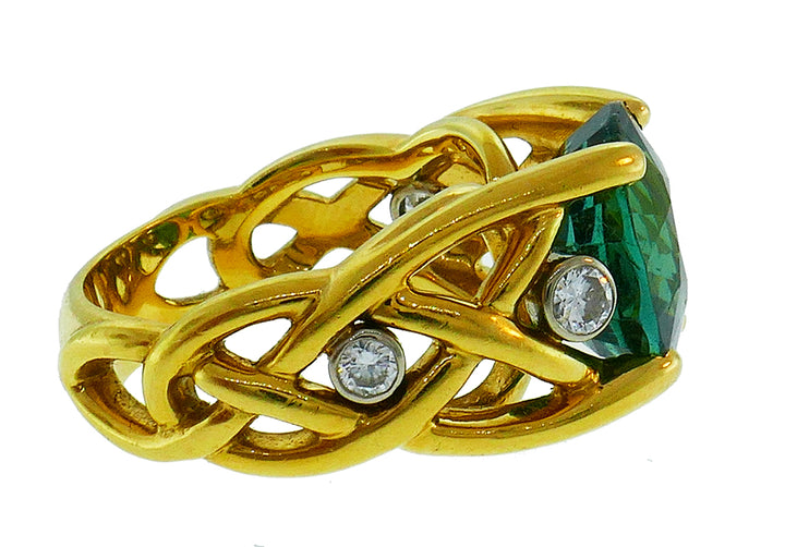Vintage Green Tourmaline Diamond 18k Yellow Gold Ring French Signed BJ