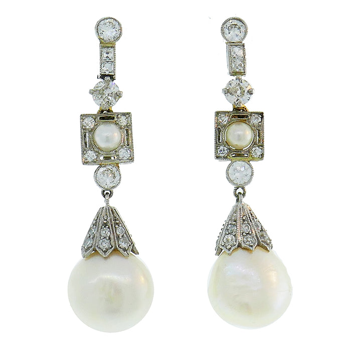 Art Deco Natural Pearl Diamond Platinum Earrings GIA Report