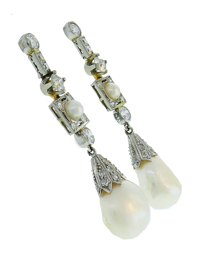 Art Deco Natural Pearl Diamond Platinum Earrings GIA Report