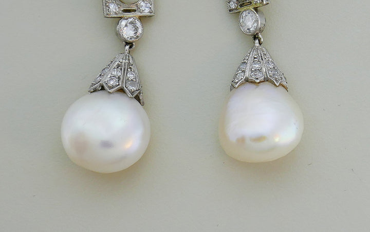 Art Deco Natural Pearl Diamond Platinum Earrings GIA Report