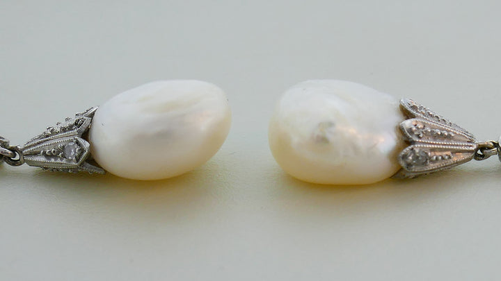 Art Deco Natural Pearl Diamond Platinum Earrings GIA Report
