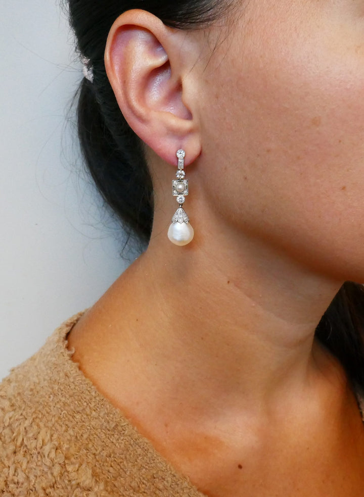 Art Deco Natural Pearl Diamond Platinum Earrings GIA Report