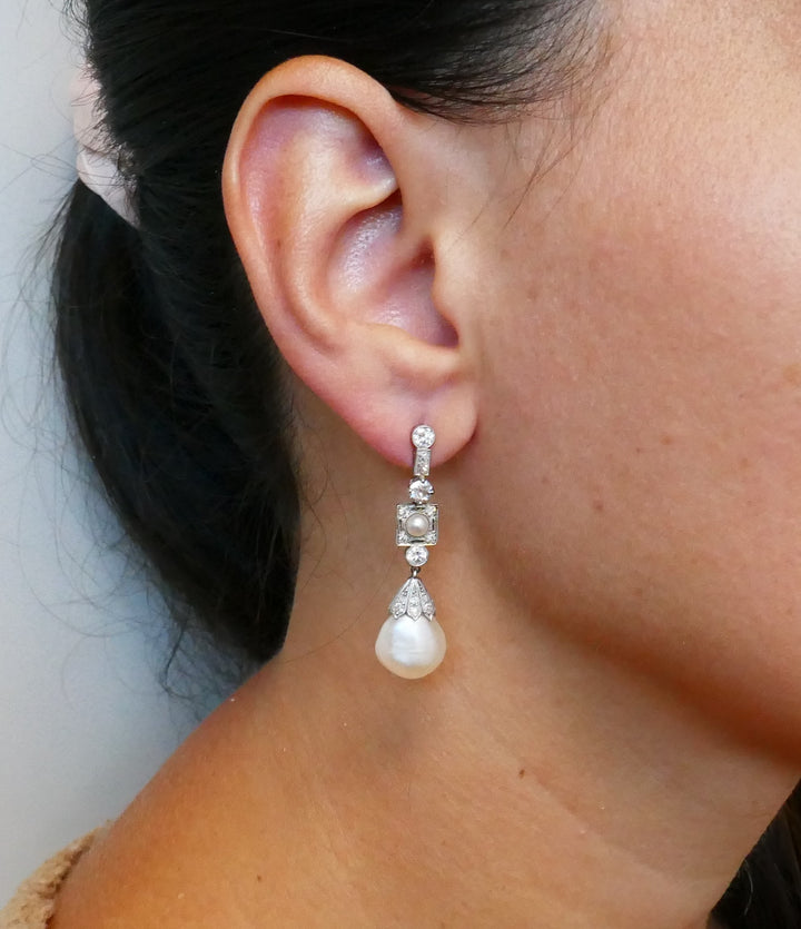 Art Deco Natural Pearl Diamond Platinum Earrings GIA Report