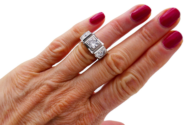 Art Deco Diamond Platinum Ring French Signed SB