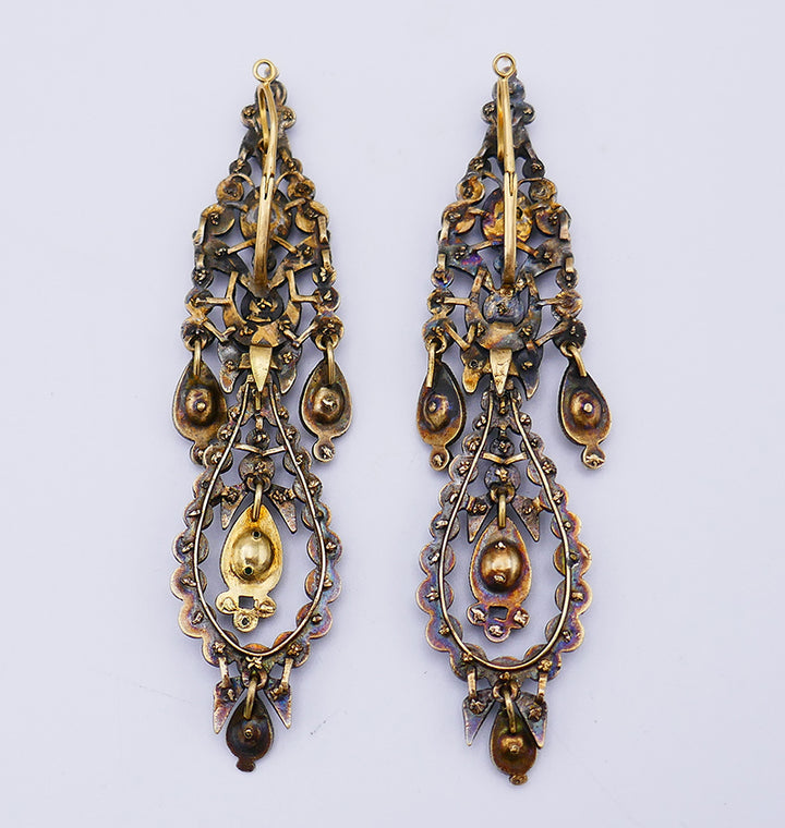 Antique Iberian 14k Gold Chandelier Earrings Silver Topped