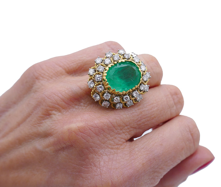 Vintage Ring 18k Gold Emerald Diamond Estate Jewelry