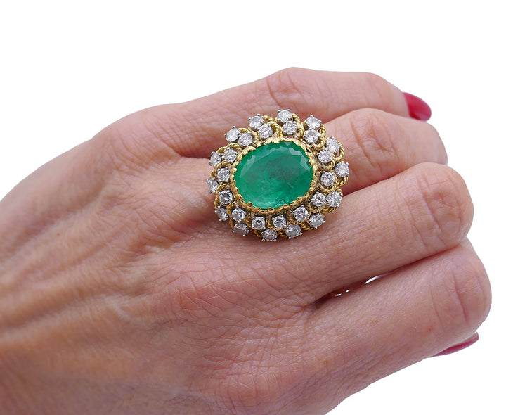 Vintage Ring 18k Gold Emerald Diamond Estate Jewelry