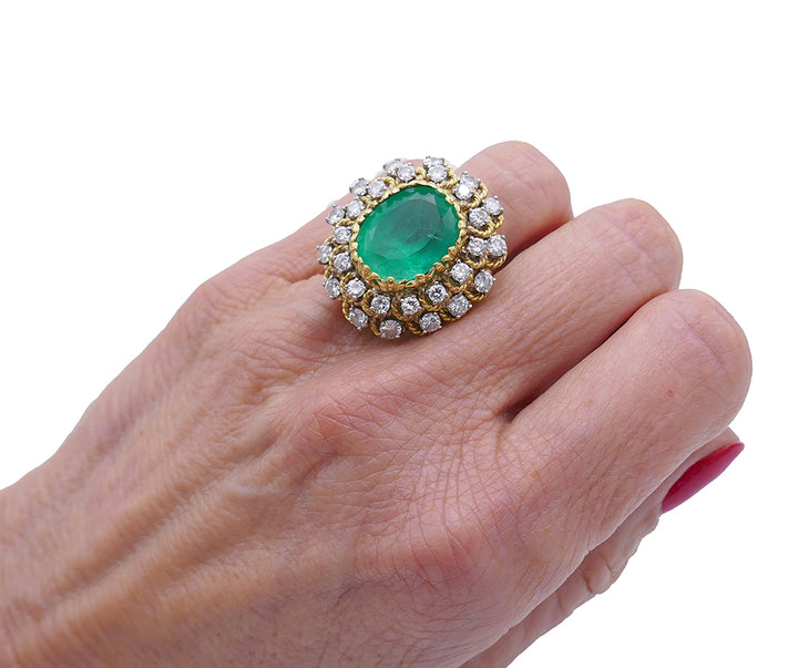 Vintage Ring 18k Gold Emerald Diamond Estate Jewelry
