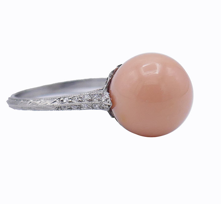 Art Deco Diamond Platinum Ring with Natural Pearl GIA Estate