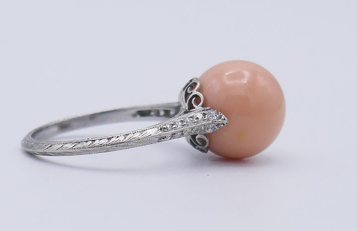 Art Deco Diamond Platinum Ring with Natural Pearl GIA Estate