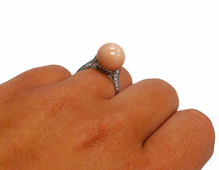 Art Deco Diamond Platinum Ring with Natural Pearl GIA Estate