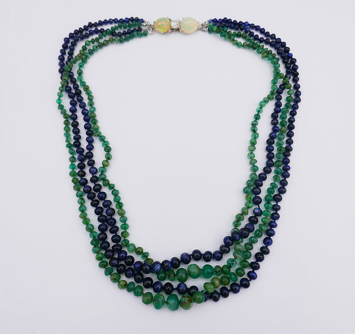 Art Deco Necklace Emerald Sapphire Bead Opal Platinum Clasp