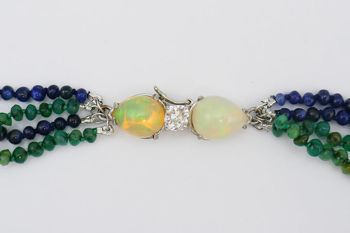 Art Deco Necklace Emerald Sapphire Bead Opal Platinum Clasp
