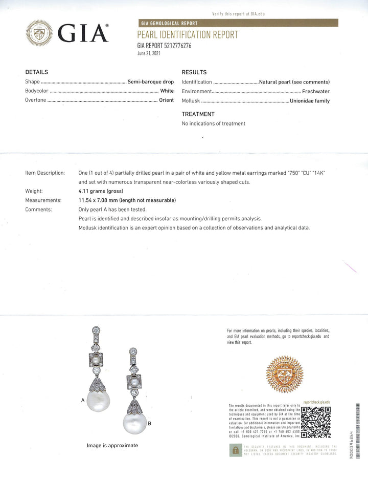 Art Deco Natural Pearl Diamond Platinum Earrings GIA Report