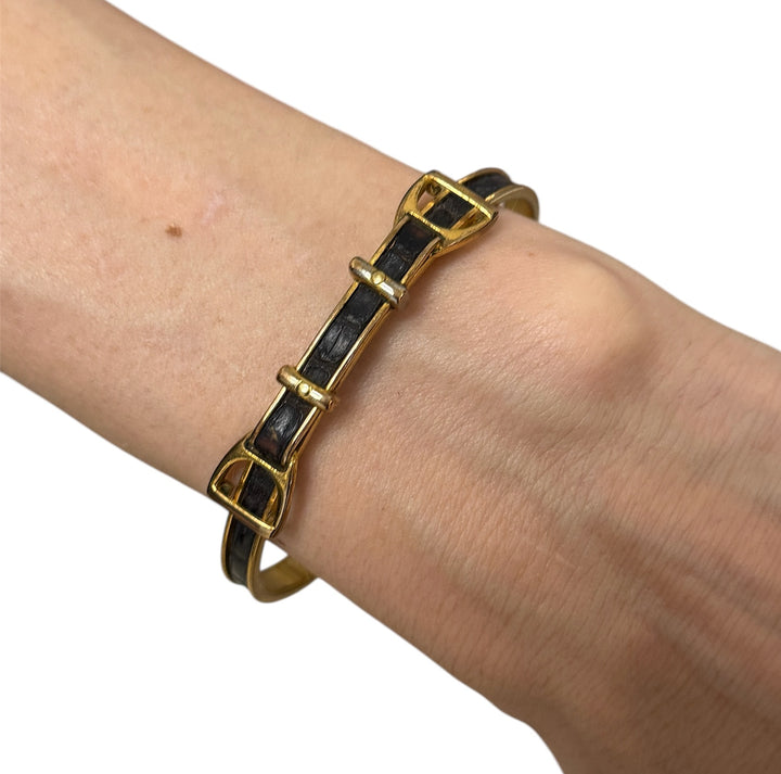 1980s Hermes Vermeil Leather Equestrian Bangle Bracelet