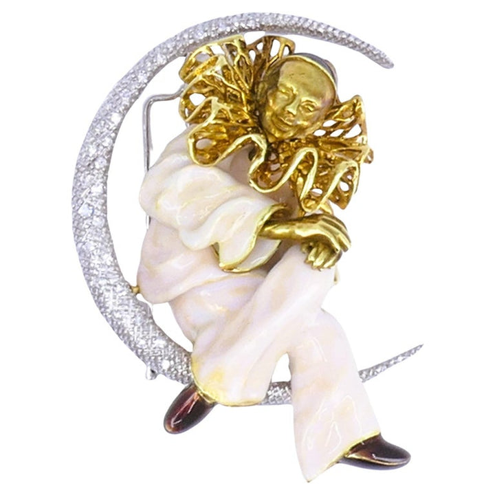 Pierrot Lunaire Vintage Brooch 18k Gold Enamel Diamond