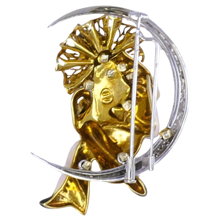 Pierrot Lunaire Vintage Brooch 18k Gold Enamel Diamond