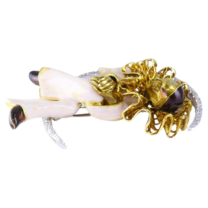 Pierrot Lunaire Vintage Brooch 18k Gold Enamel Diamond