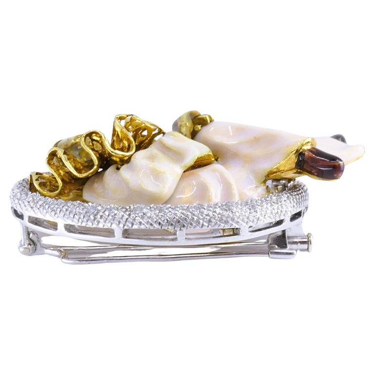 Pierrot Lunaire Vintage Brooch 18k Gold Enamel Diamond