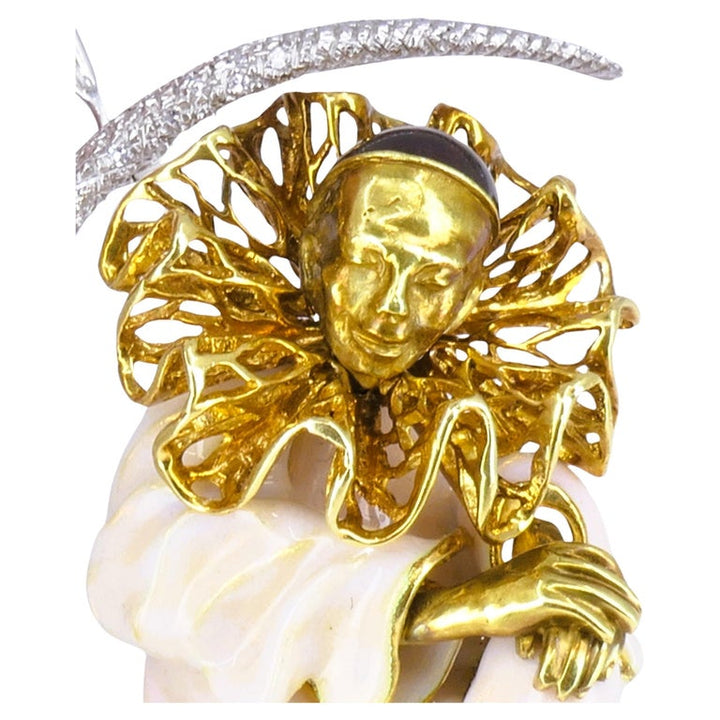Pierrot Lunaire Vintage Brooch 18k Gold Enamel Diamond