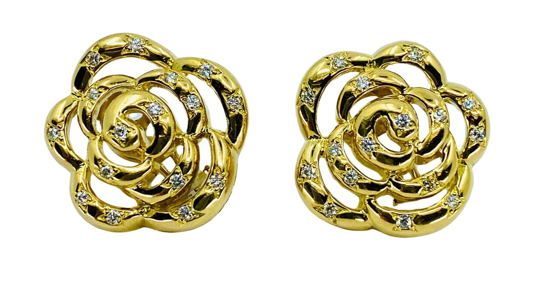 Van Cleef & Arpels Gold Diamond Camellia Earrings