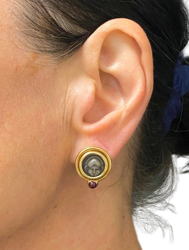Vintage Bulgari Earrings Monete Ancient Coins Gold Ruby