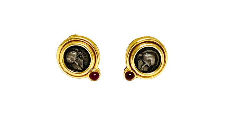 Vintage Bulgari Earrings Monete Ancient Coins Gold Ruby