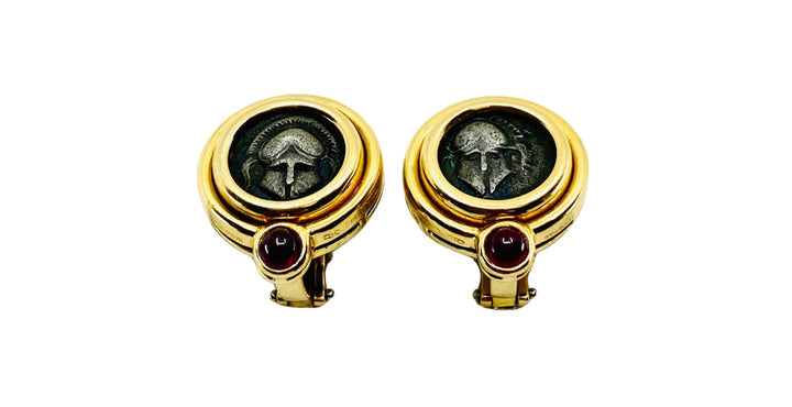 Vintage Bulgari Earrings Monete Ancient Coins Gold Ruby