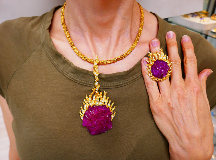 Vintage Paul Flato Necklace Ring Set 14k Gold Ruby Diamond