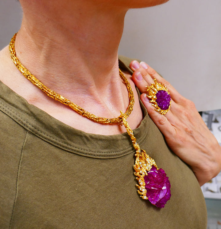 Vintage Paul Flato Necklace Ring Set 14k Gold Ruby Diamond