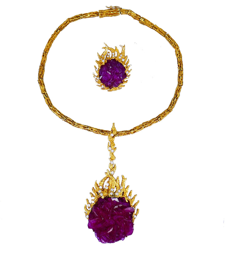 Vintage Paul Flato Necklace Ring Set 14k Gold Ruby Diamond