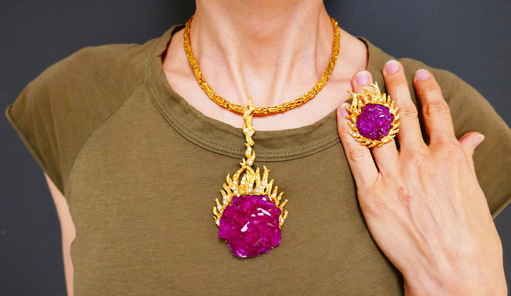 Vintage Paul Flato Necklace Ring Set 14k Gold Ruby Diamond