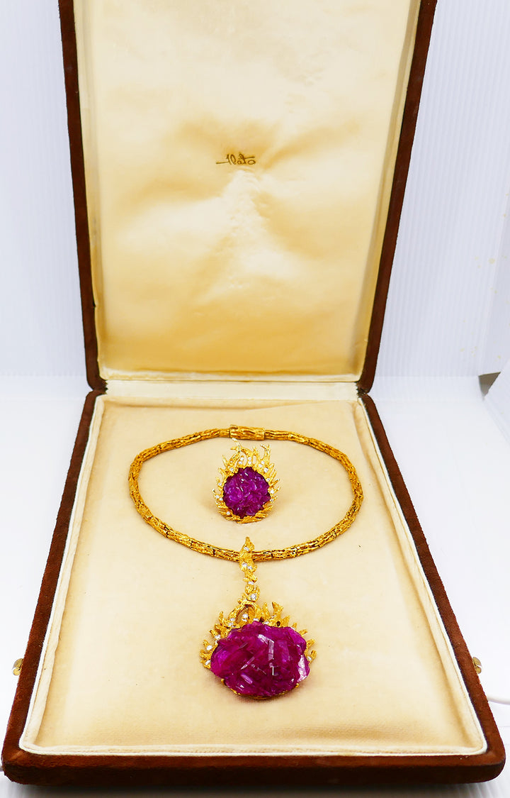 Vintage Paul Flato Necklace Ring Set 14k Gold Ruby Diamond