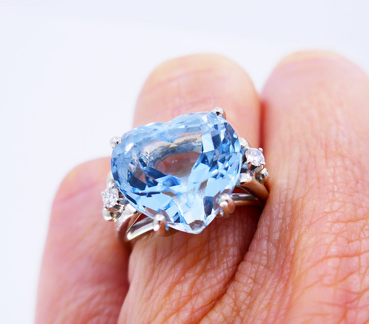 Vintage Ring 14k White Gold Aquamarine Diamond Cocktail Ring Estate Jewelry