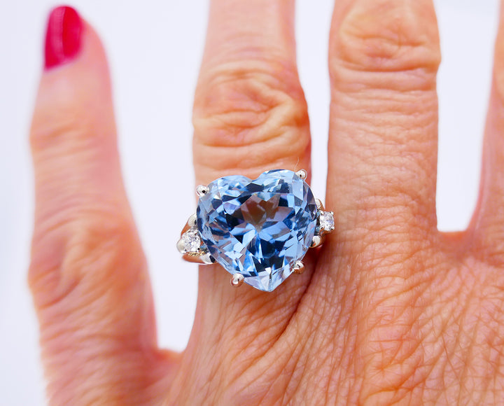 Vintage Ring 14k White Gold Aquamarine Diamond Cocktail Ring Estate Jewelry