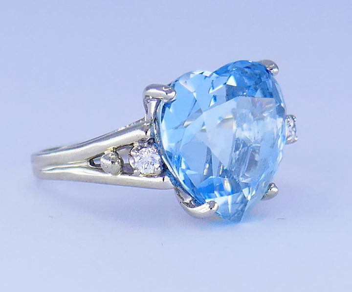 Vintage Ring 14k White Gold Aquamarine Diamond Cocktail Ring Estate Jewelry