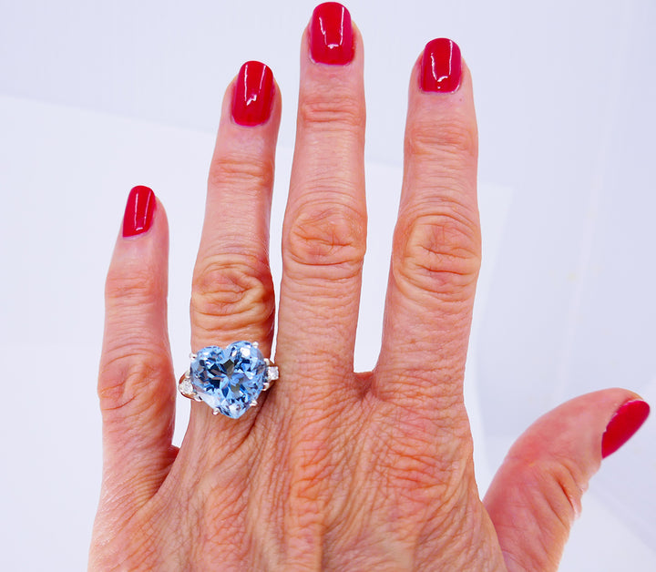 Vintage Ring 14k White Gold Aquamarine Diamond Cocktail Ring Estate Jewelry
