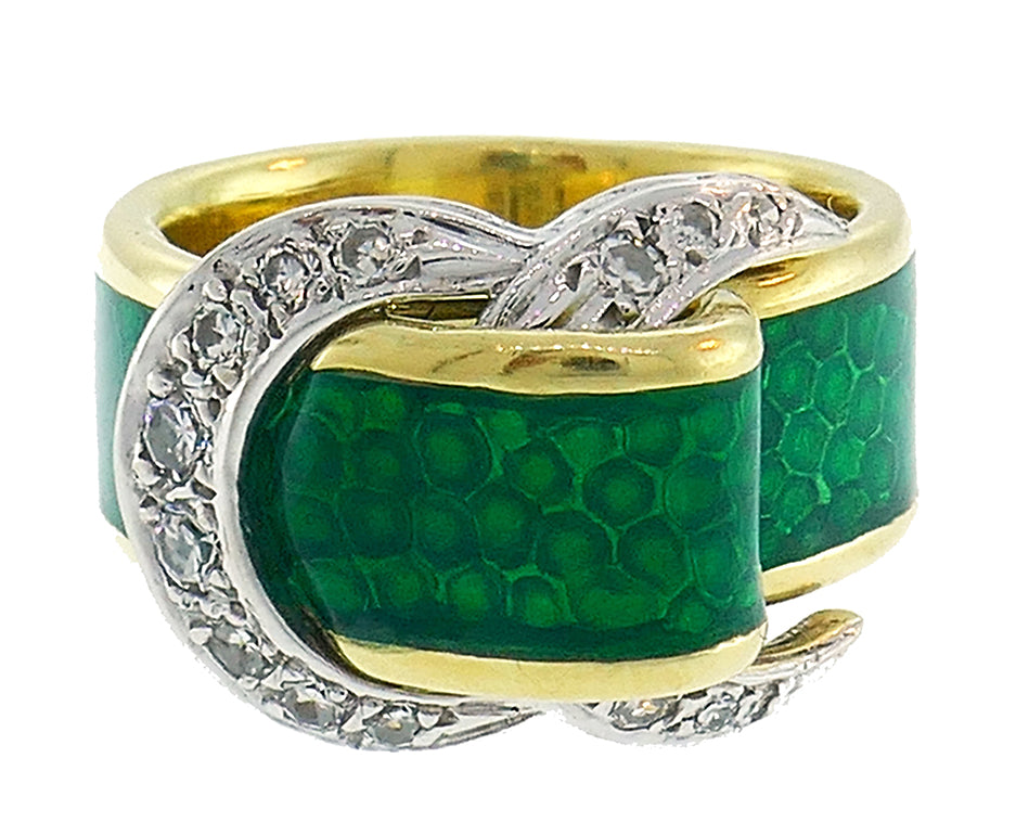 Enamel Snake Ring 18k Gold Diamond Retro Buckle Band Vintage