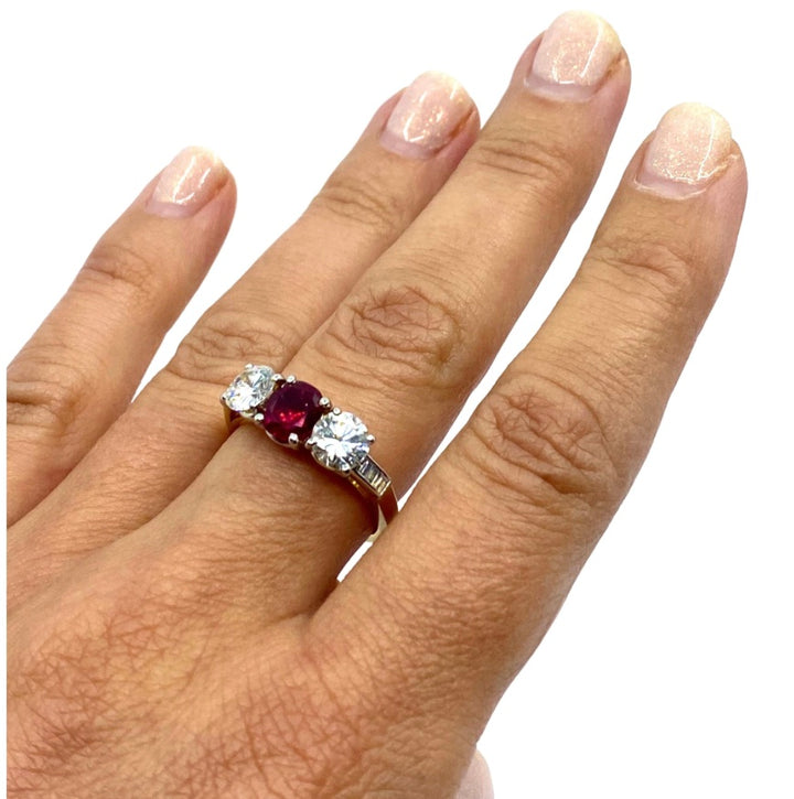 Vintage Three Stone Ring Gold Ruby and Diamond Engagement