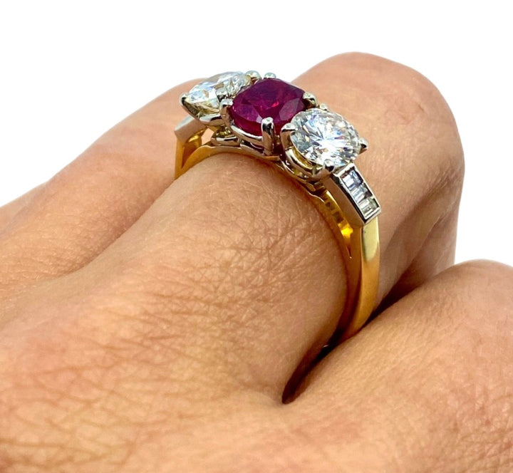 Vintage Three Stone Ring Gold Ruby and Diamond Engagement