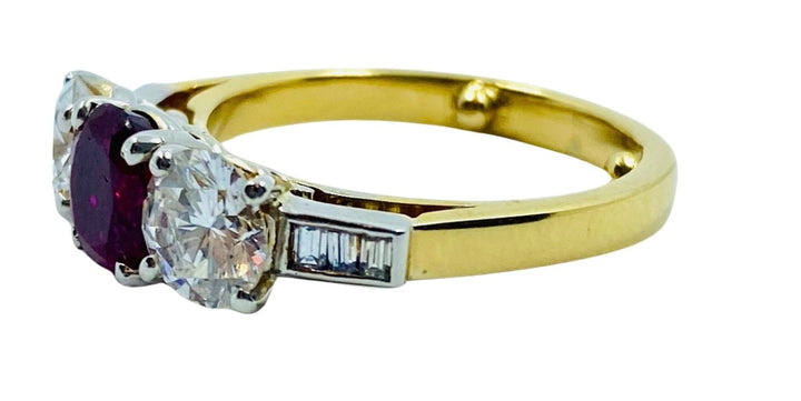 Vintage Three Stone Ring Gold Ruby and Diamond Engagement