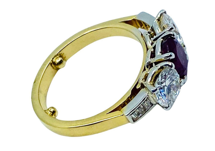 Vintage Three Stone Ring Gold Ruby and Diamond Engagement