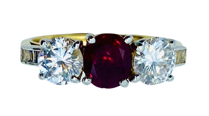Vintage Three Stone Ring Gold Ruby and Diamond Engagement