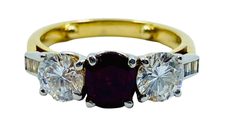 Vintage Three Stone Ring Gold Ruby and Diamond Engagement