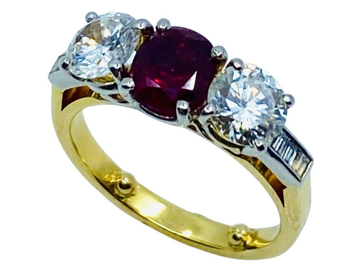 Vintage Three Stone Ring Gold Ruby and Diamond Engagement