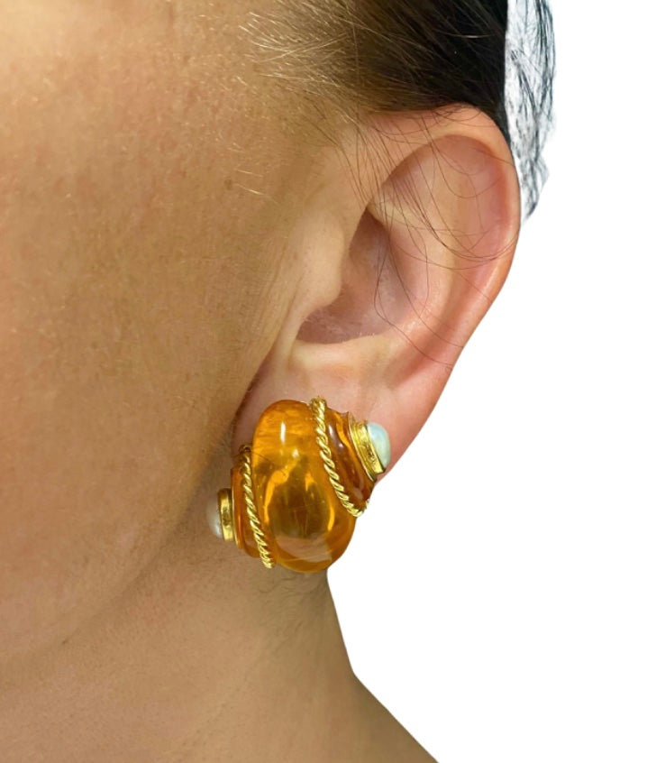 Vintage Verdura Snail Amber Earrings Pearl 18k Gold