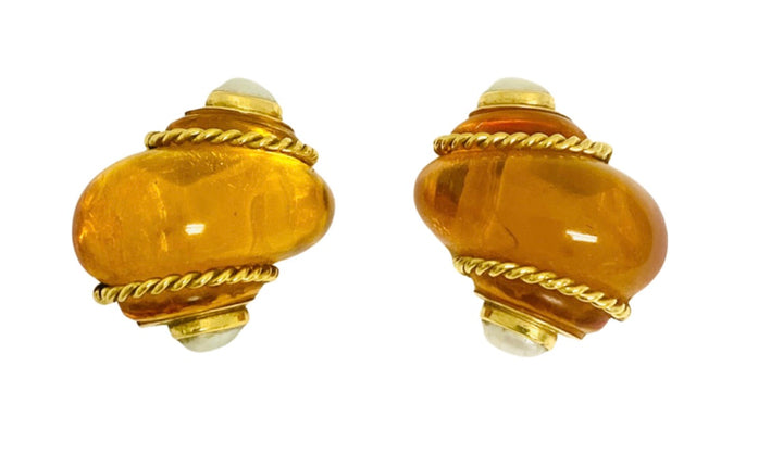 Vintage Verdura Snail Amber Earrings Pearl 18k Gold